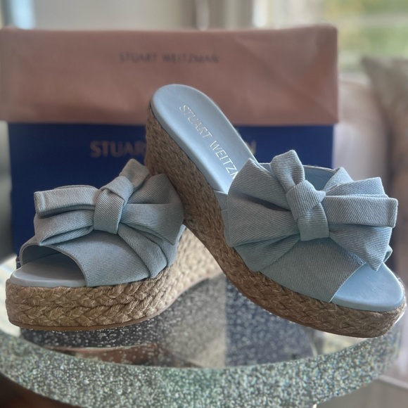 Stuart Weitzman NWB Loveknot Espadrille Wedge Vintage Denim/Jute Size 40/9.5 B - Picture 1 of 10